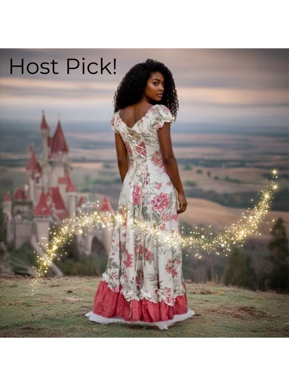🎉HP🎉Victorian Choice Floral Cottagecore Midi Dress w/ Coral Ruffle Bow - Small - Picture 3 of 11